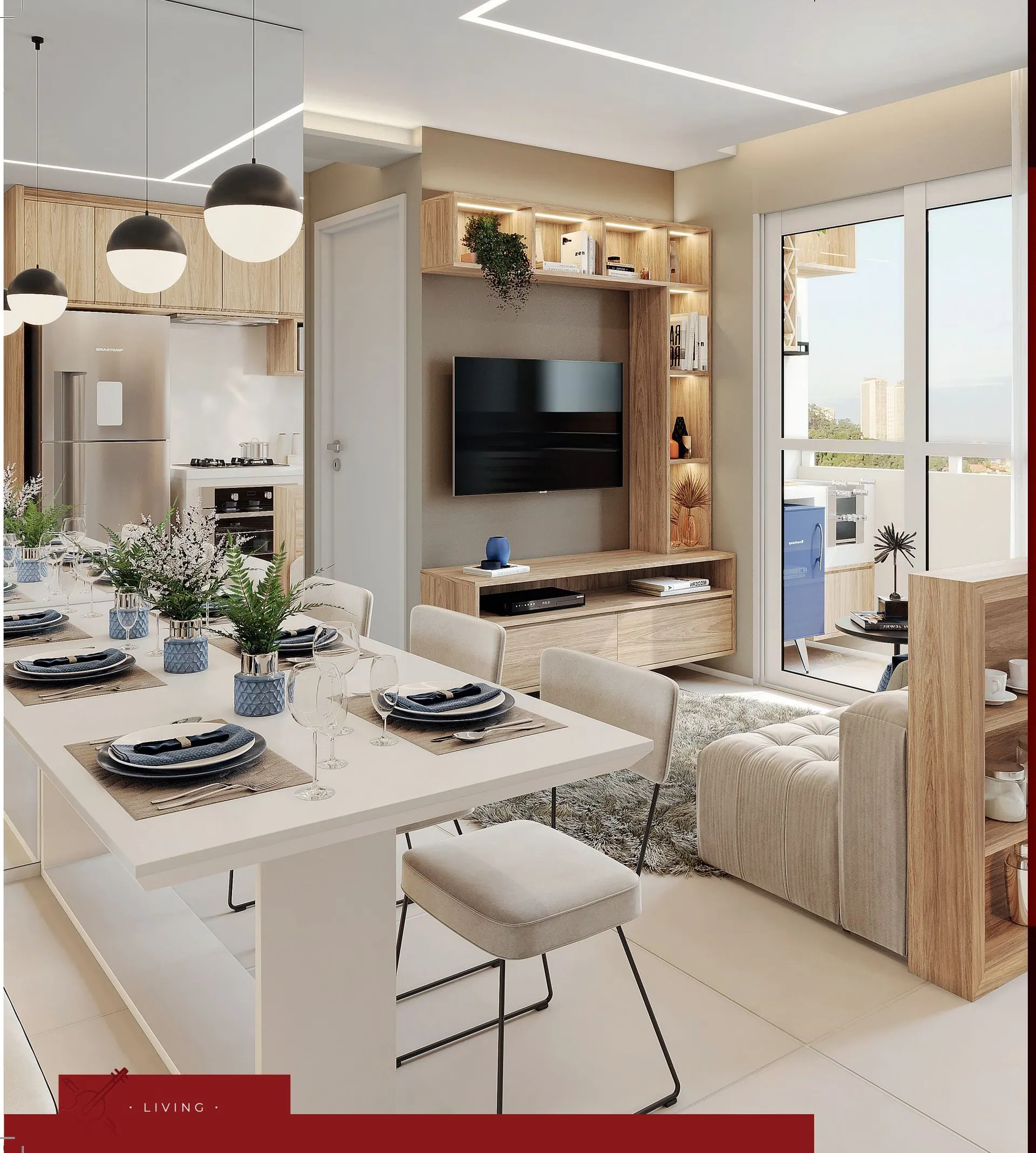 Apartamento decorado do Sinfonia Emccamp com sala, cozinha e varanda